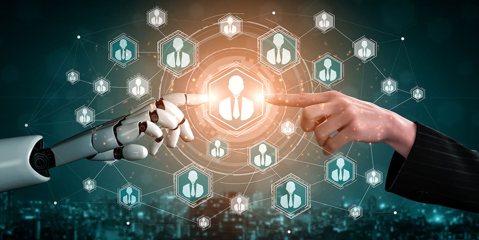 Robot and human hands reaching towards a glowing icon amid network graphics on a dark blue background, symbolizing AI collaboration.