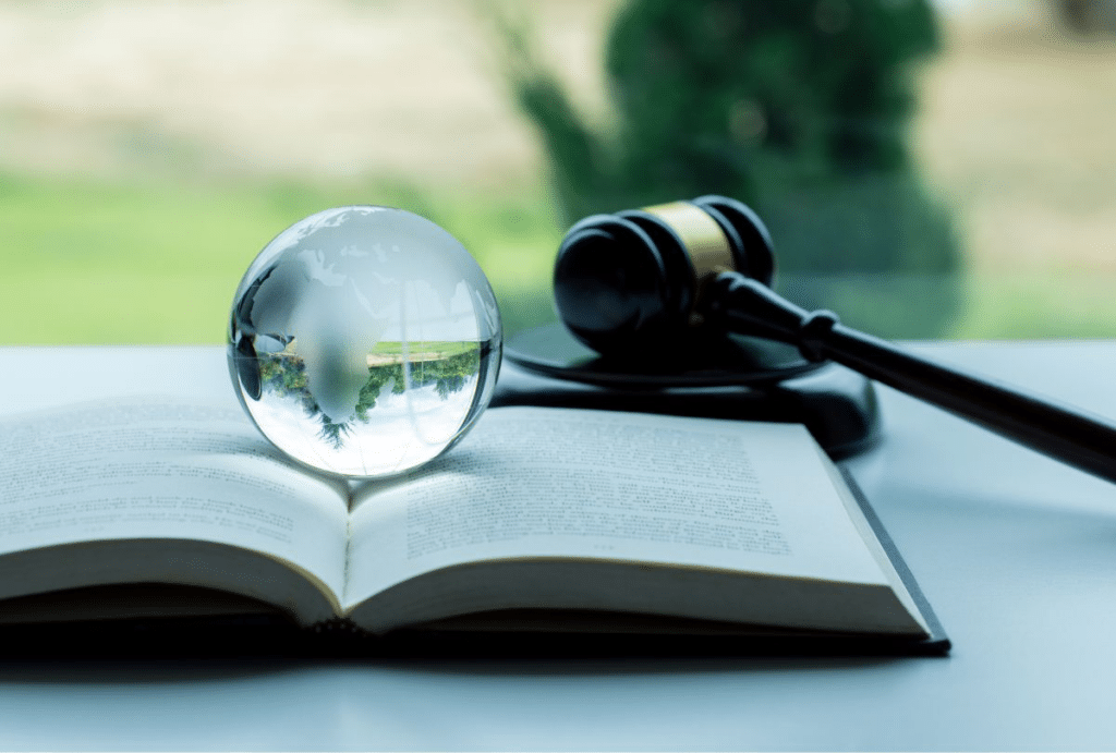 A crystal globe and a gavel rest on an open book, with a blurred green background. Light reflections create a calm, reflective mood.