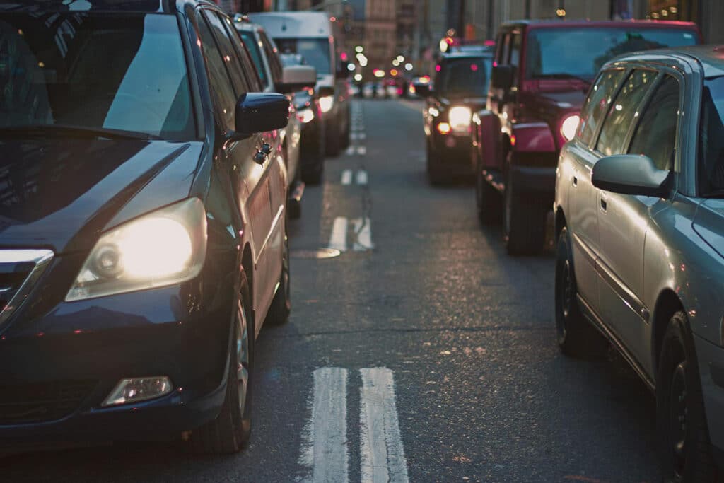 Heavy city traffic jam at dusk
