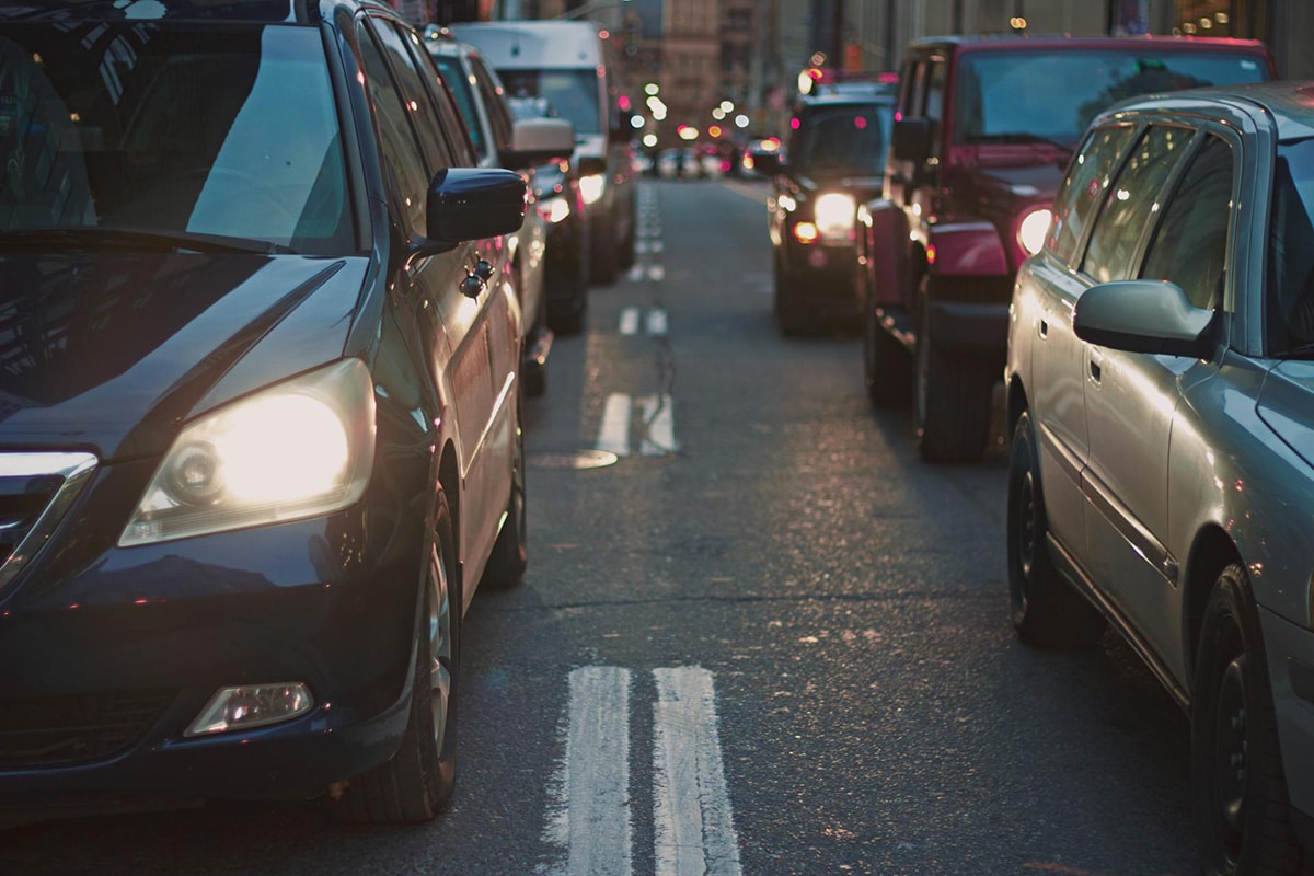 Heavy city traffic jam at dusk