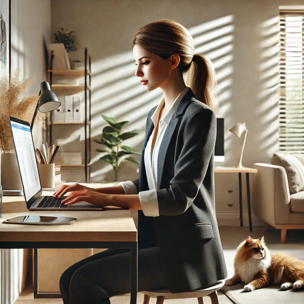 Businesswoman working remotely at home office with cat