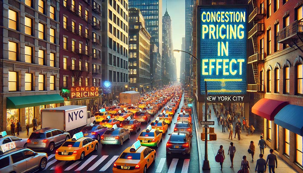 Traffic jam with cars and trucks on a New York City street. Sunshine coming through the buildings at sunset or dusk.